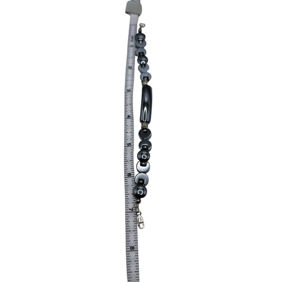 Bracelet Hematite 925 Sterling Silver Clasp Black Dark Gray 7.5" Natural Stone - Picture 7 of 8